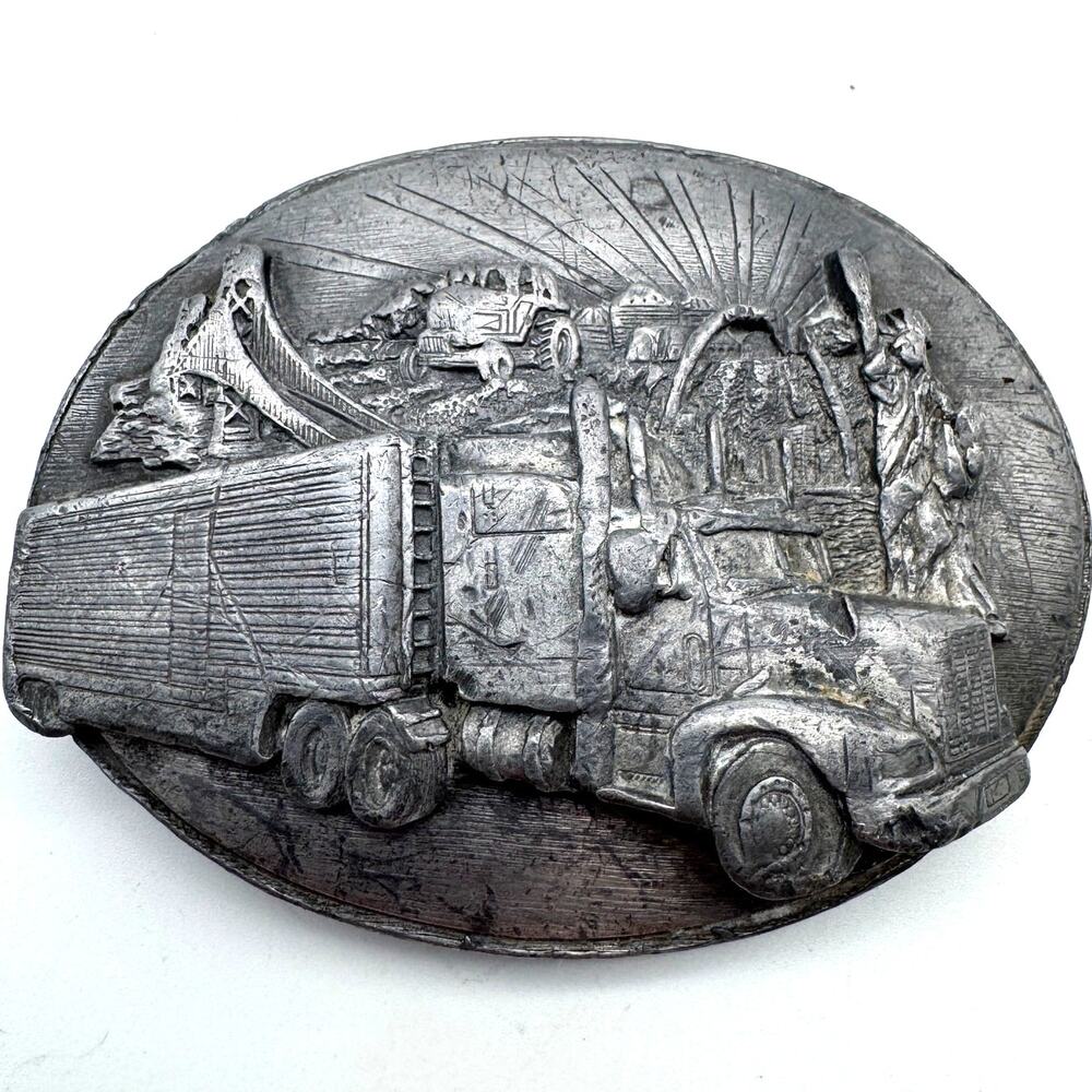 Vintage Siskiyou Trucker Belt Buckle Semi Truck Statue of Liberty R-80 USA